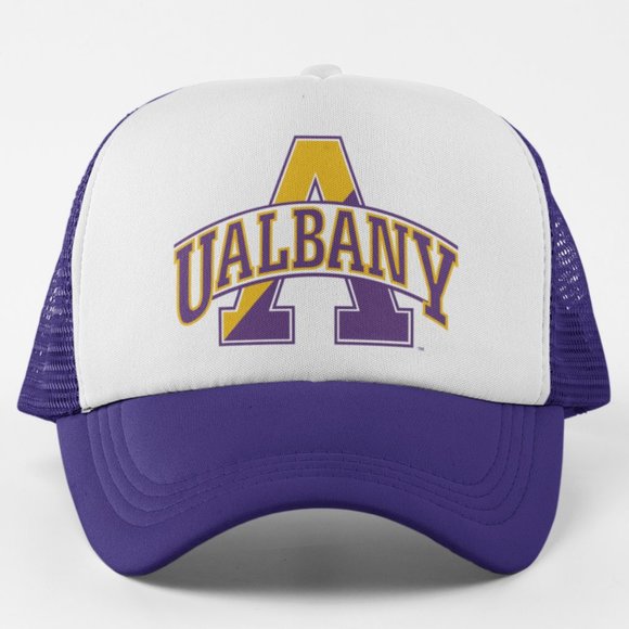 NEW Albany Great Danes UAlbany Split A Logo Foam Trucker Snapback Hat 2T PURPLE - Picture 1 of 2